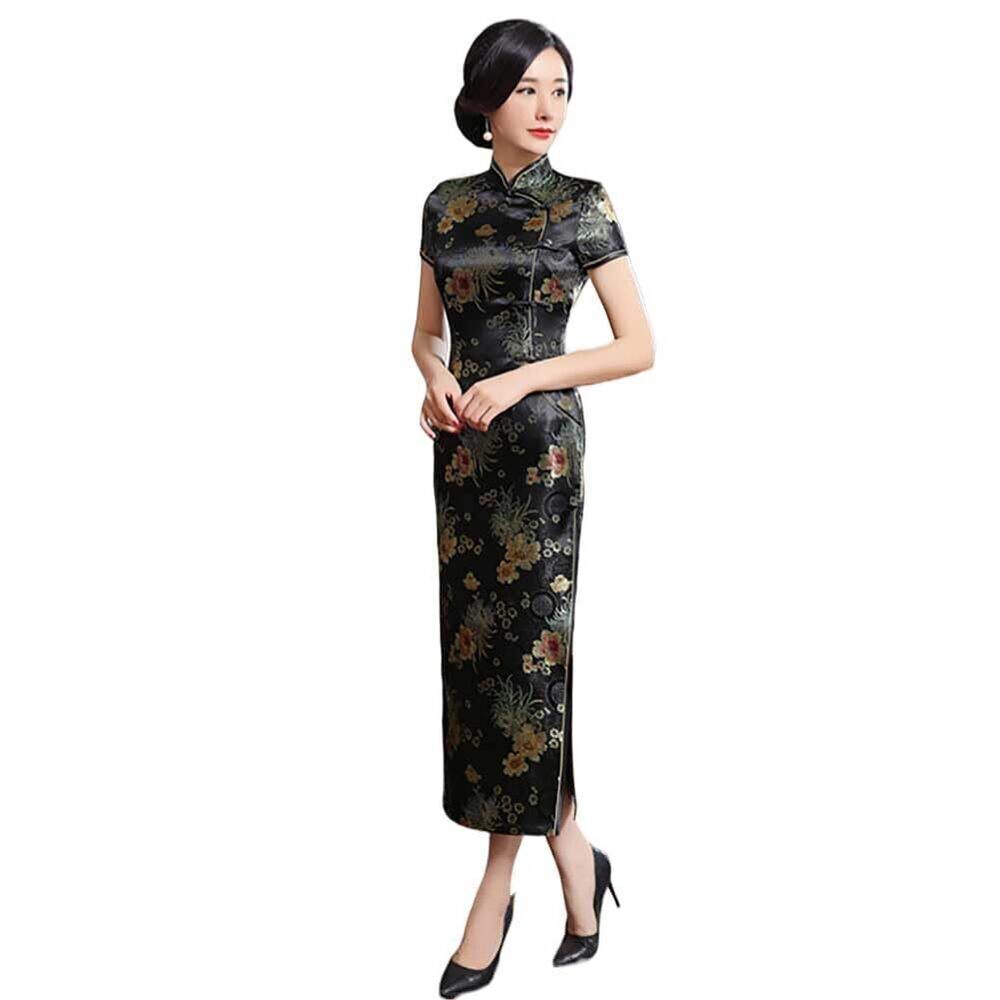 9568 Short Sleeve Cheongsam Long Dress Traditional Mandarin Collar Side